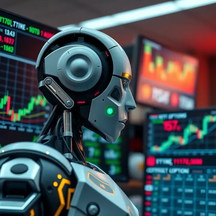 Robot analyzing digital financial charts and binary options data on multiple screens
