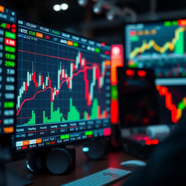 Graph showing stock market fluctuations and trading indicators on digital screens