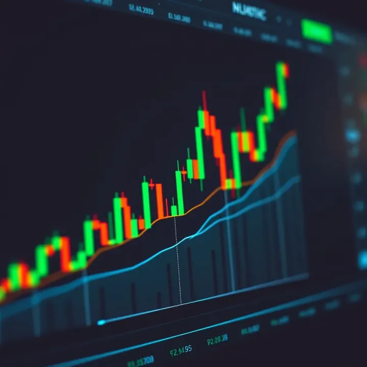 Graph showing an upward trend in stock prices with green and red candlesticks representing day trading activity