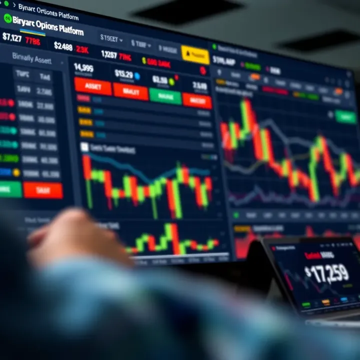 Binary options trading platform interface showing various asset categories and trading charts