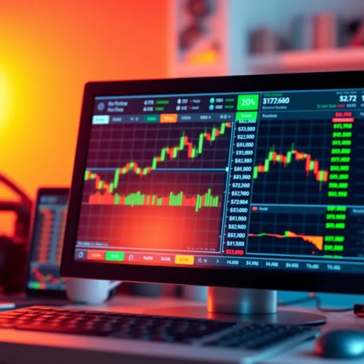 Illustration of binary options trading platform showing financial charts and trading options on screen
