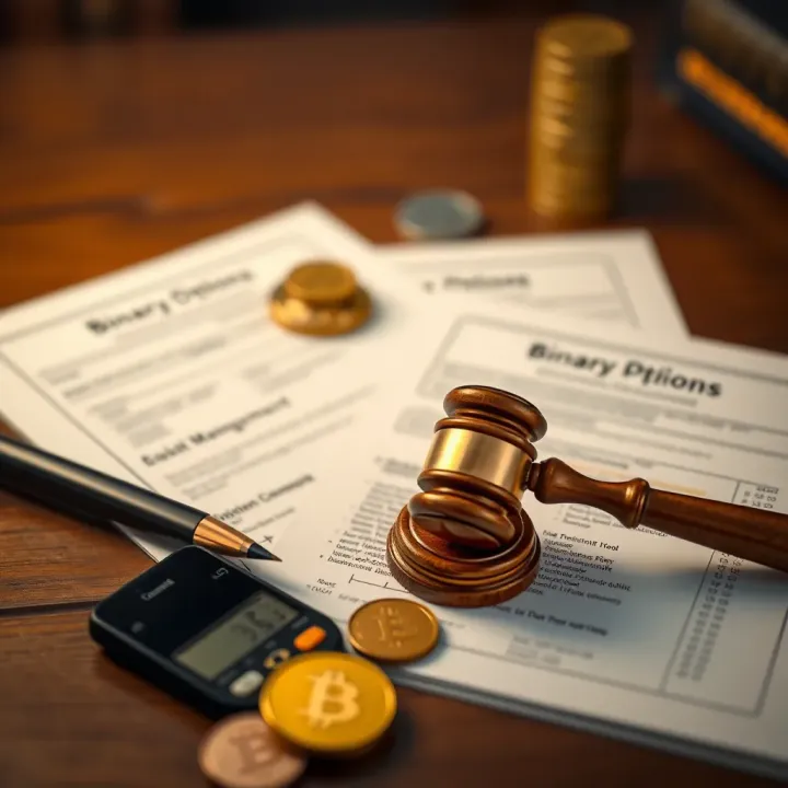 Illustration of risk management tools and legal documents related to binary options investment in Brazil