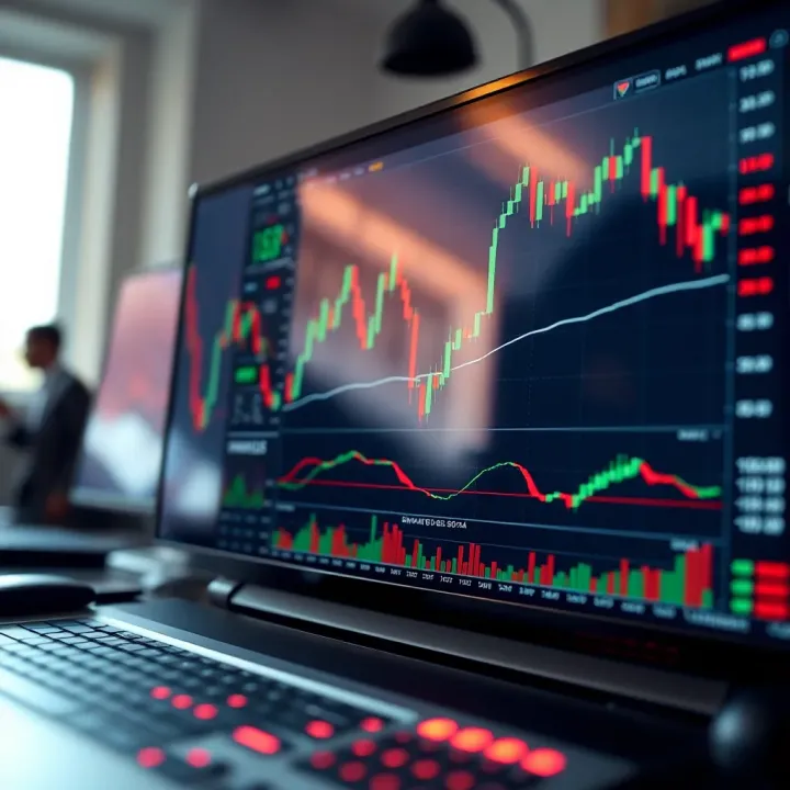 Digital interface displaying binary options trading charts and market data