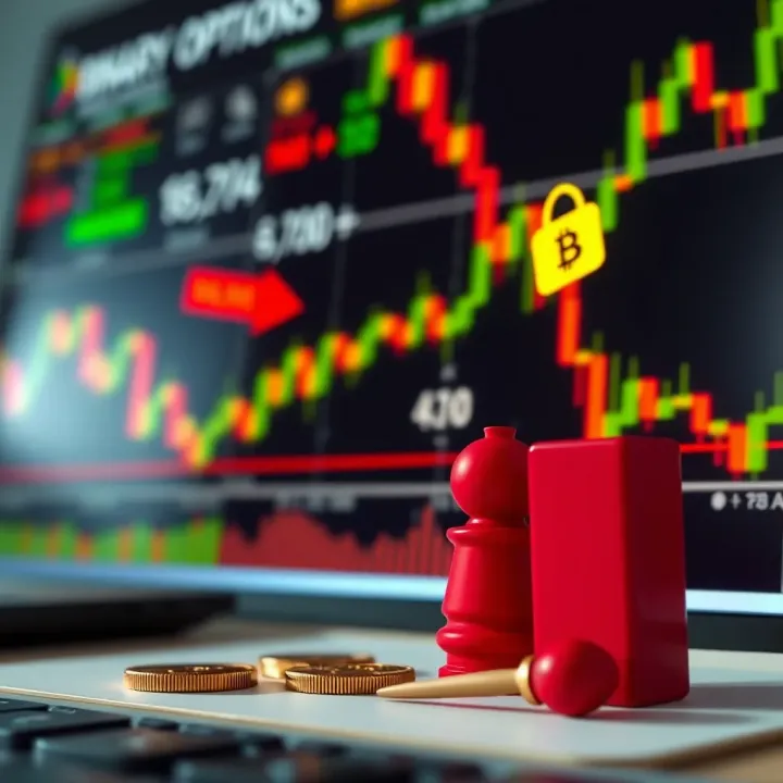 Illustration showing the basic concept of binary options trading with financial charts and decision-making symbols