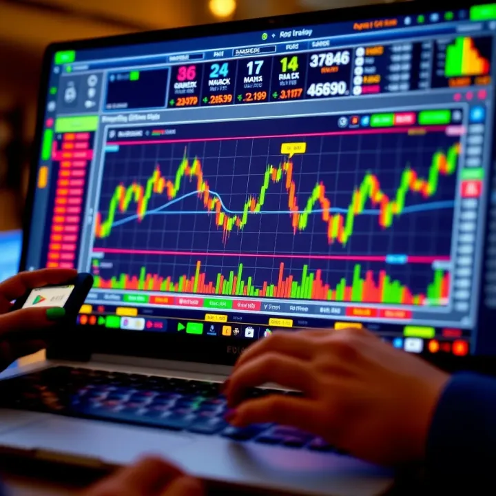 Illustration of binary options trading concepts with charts and digital interface