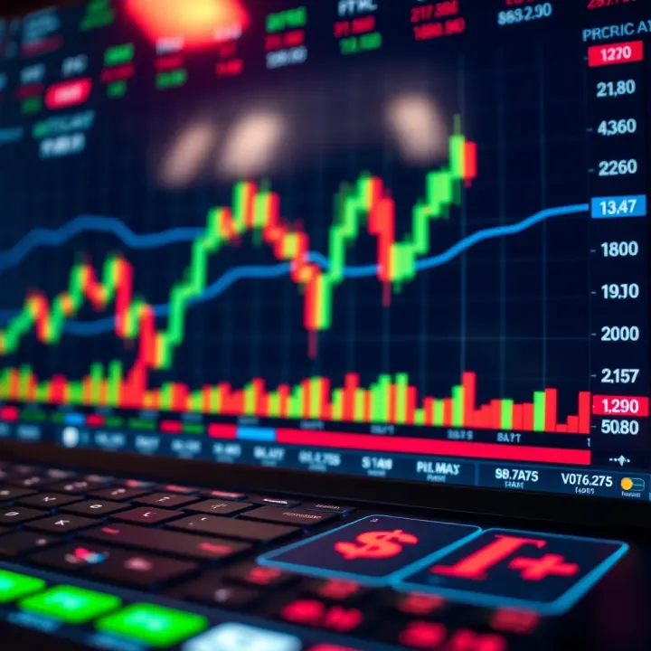 Chart showing binary options trading with fluctuating financial graphs and currency symbols