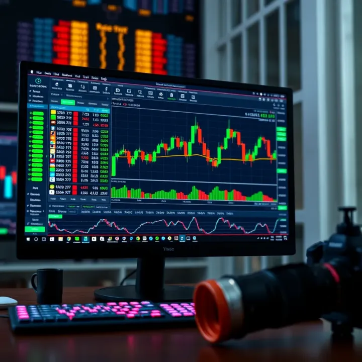 Illustration of a binary options trading platform with graphs and charts on a computer screen