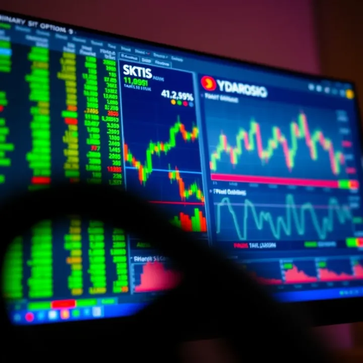 Binary options trading spreadsheet with charts and data columns on a computer screen