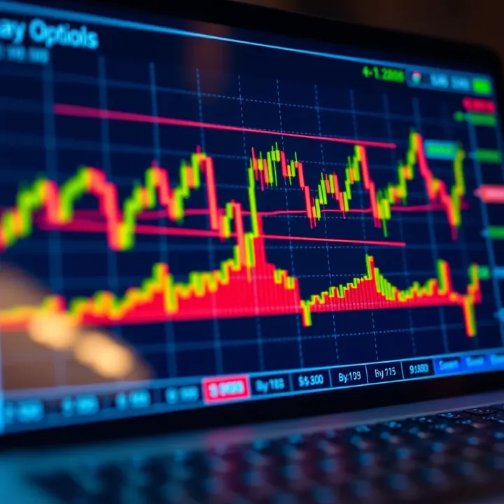 Graph showing binary options trading trends with clear buy and sell signals on a digital screen