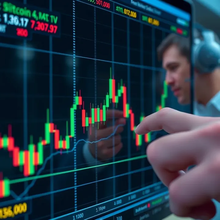 Graph displaying fluctuating bitcoin prices with technical indicators