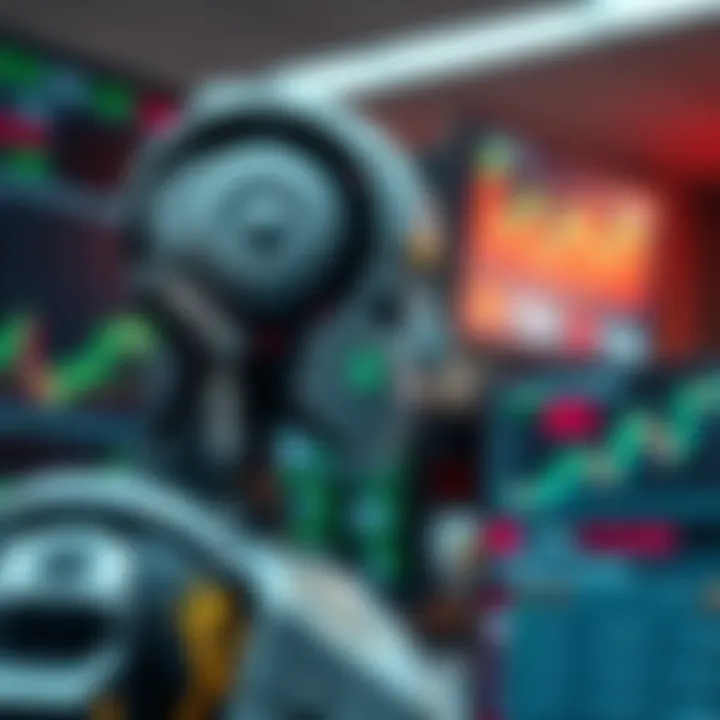 Robot analyzing digital financial charts and binary options data on multiple screens