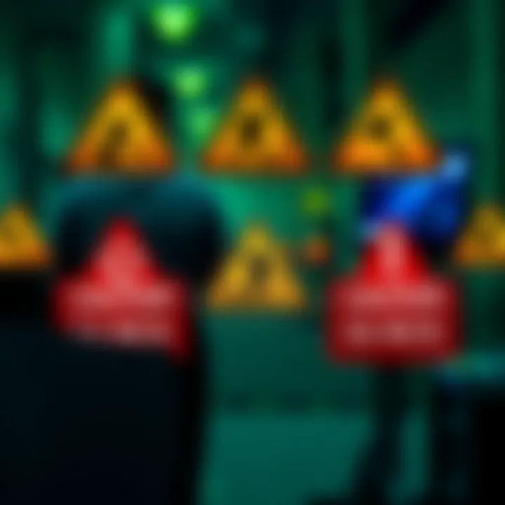Visual representation of risks and regulations in the Brazilian binary options market with legal symbols and caution signs