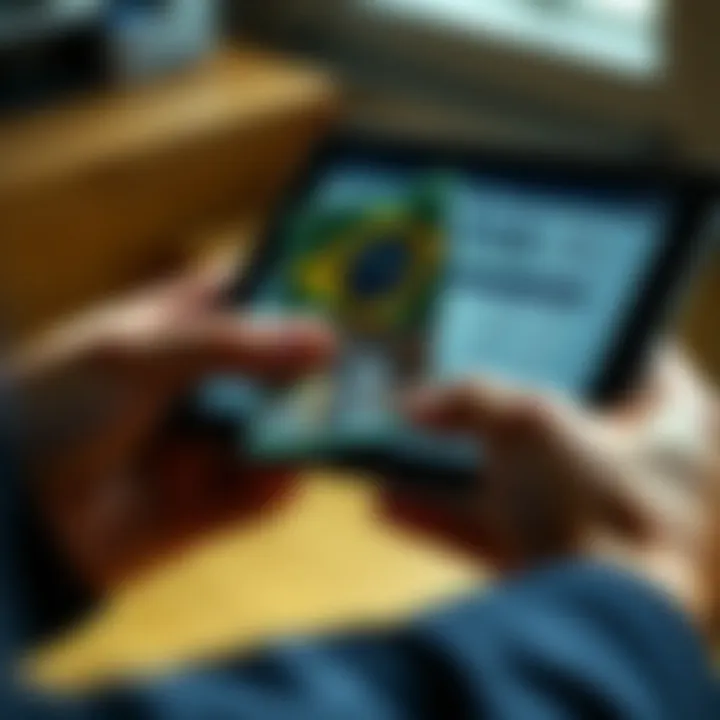 Close-up of hands holding Brazilian currency with a digital tablet showing tax regulations