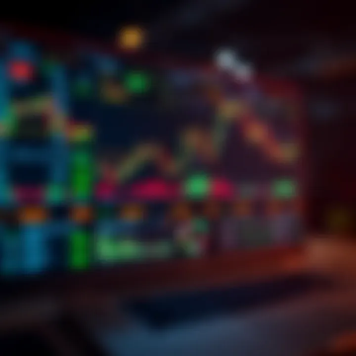 Illustration of a digital binary options trading platform interface showing various financial charts and options