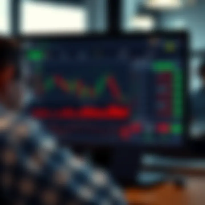 Illustration of a digital trading platform interface displaying market charts and simulated trades