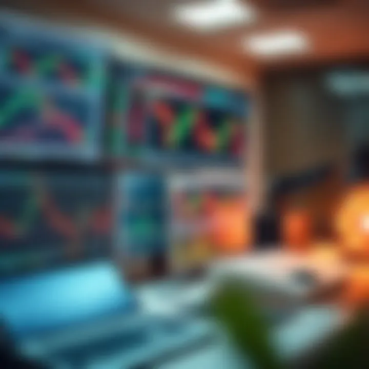 Workspace with multiple monitors showing trading software and risk management tools