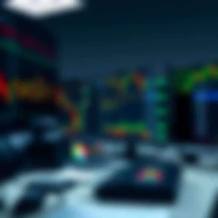Trading workstation with multiple monitors displaying financial graphs and real-time market data