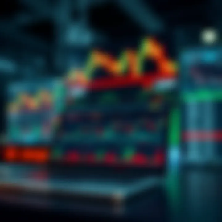 Illustration of a digital trading platform showing a demo account interface with virtual financial charts and indicators
