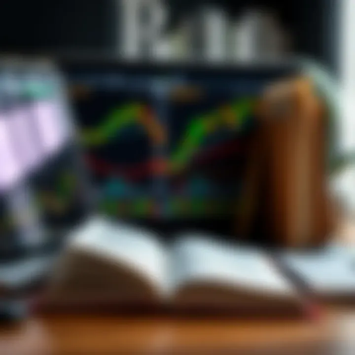 Open book alongside a laptop displaying stock market charts and data