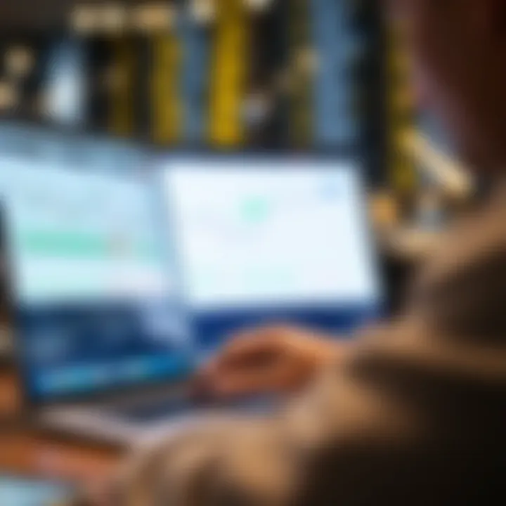 A person using a laptop displaying a trading platform with graphs and support options