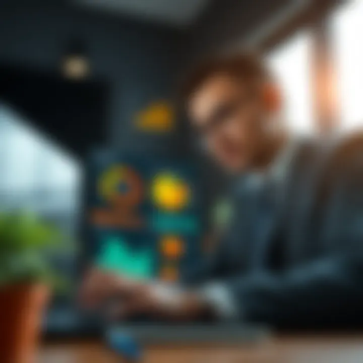 Business professional analyzing risk factors on a digital dashboard with charts and graphs