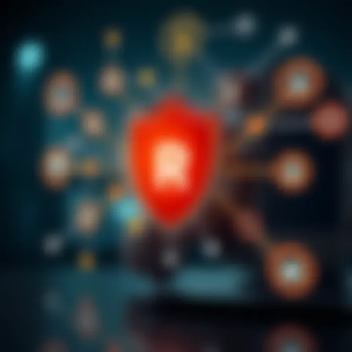 Illustration of secure business strategy with shield icon and interconnected network elements