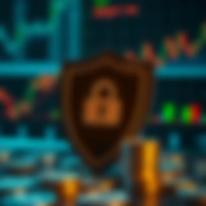Secure financial transaction concept with shield and currency symbols representing safety in online investments