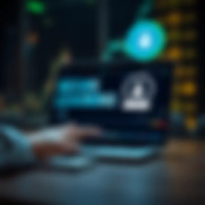 Conceptual graphic showing secure online learning with financial symbols and a download icon