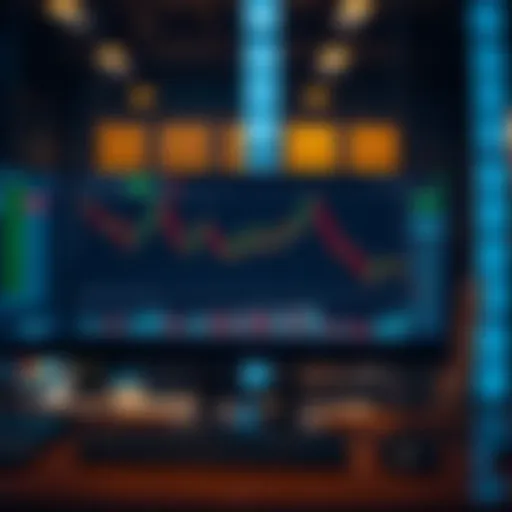 Day trading simulation interface showing charts and trading options on screen