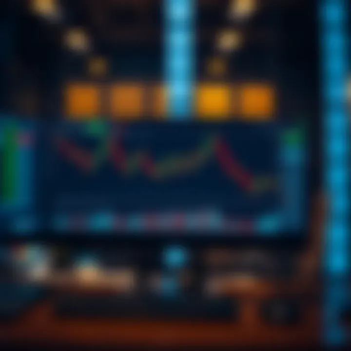 Day trading simulation interface showing charts and trading options on screen