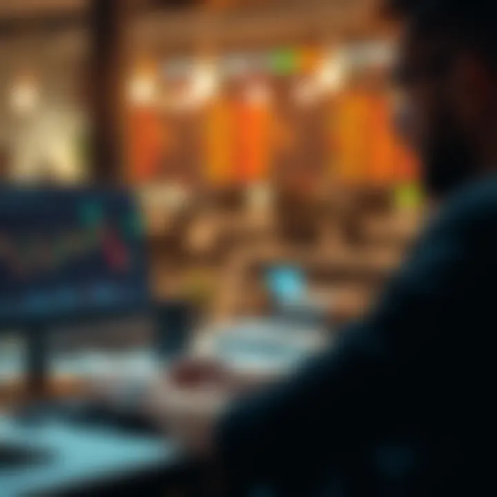 Illustration of a trader analyzing market trends using a simulation tool