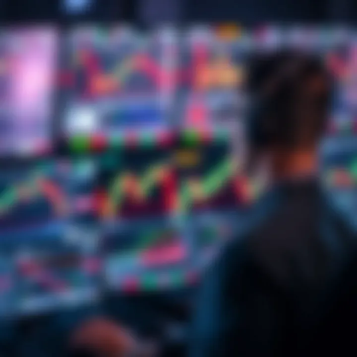 Close-up of a trader analyzing stock market graphs and price movements on multiple monitors