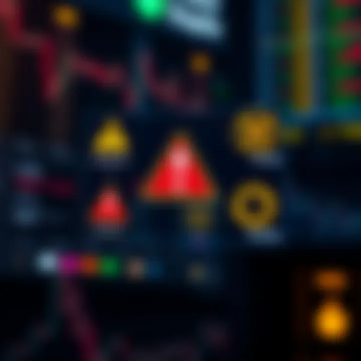 Illustration showing warning icons and binary options symbols indicating potential financial fraud risks