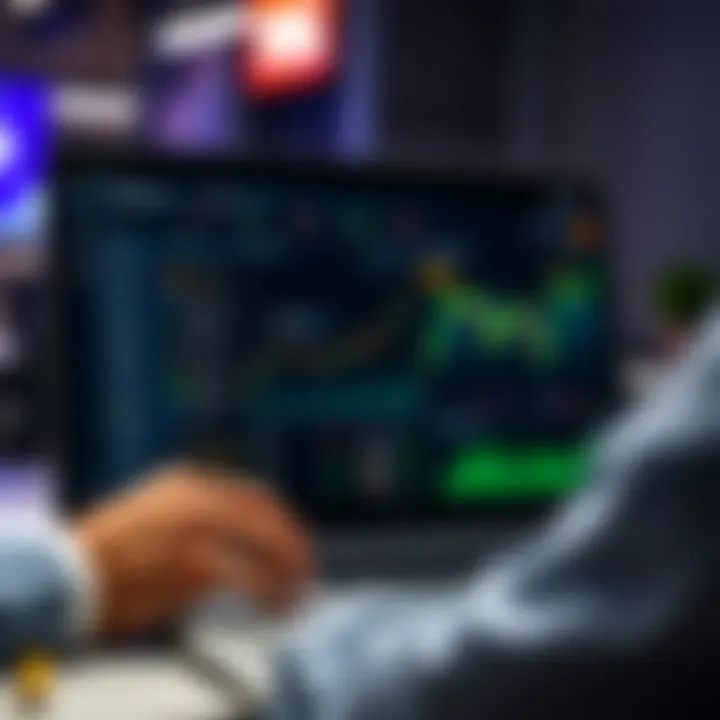 Simulation of investment trading on a digital platform showcasing virtual market charts and portfolio options