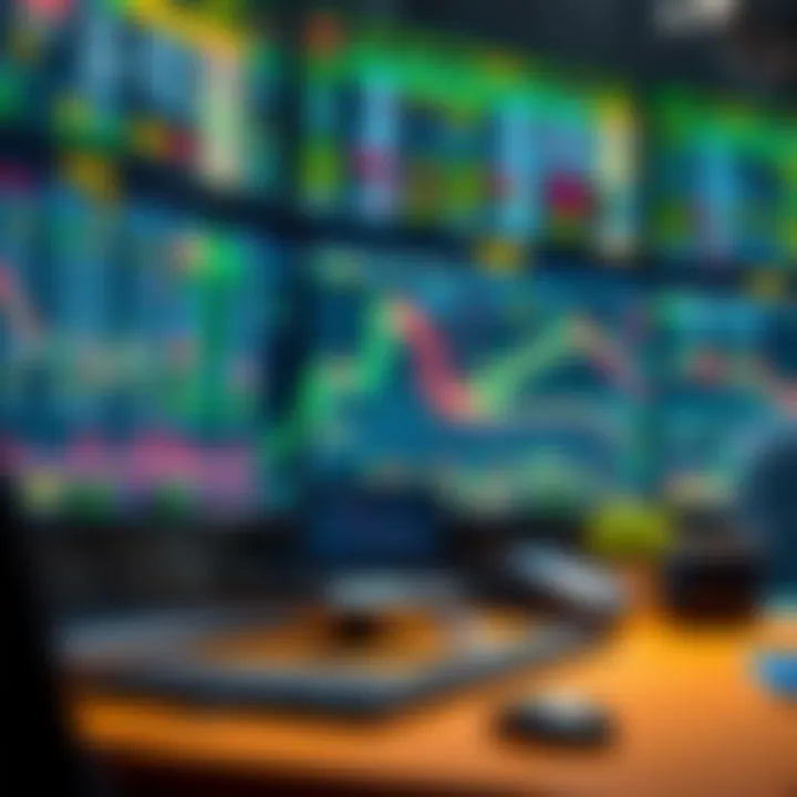 Illustration of a simulated stock market environment showing virtual trades and market data visualization