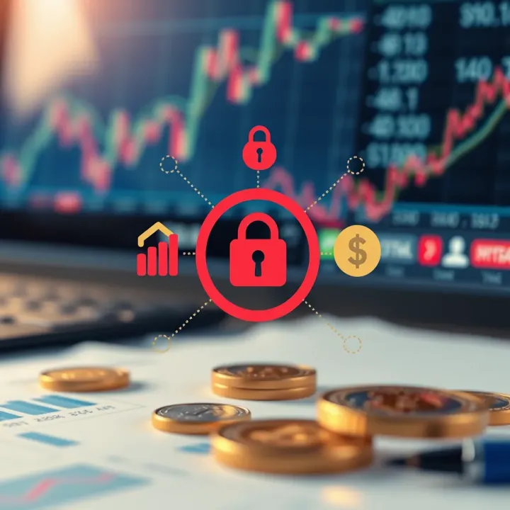 Illustration of financial graphs, security symbols, and cost analysis icons