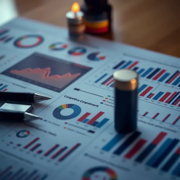Business plan layout with charts and competitive analysis graphics
