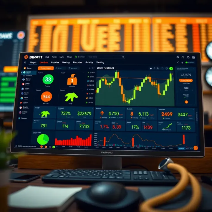 Graphical dashboard illustrating variety of assets and trading tools