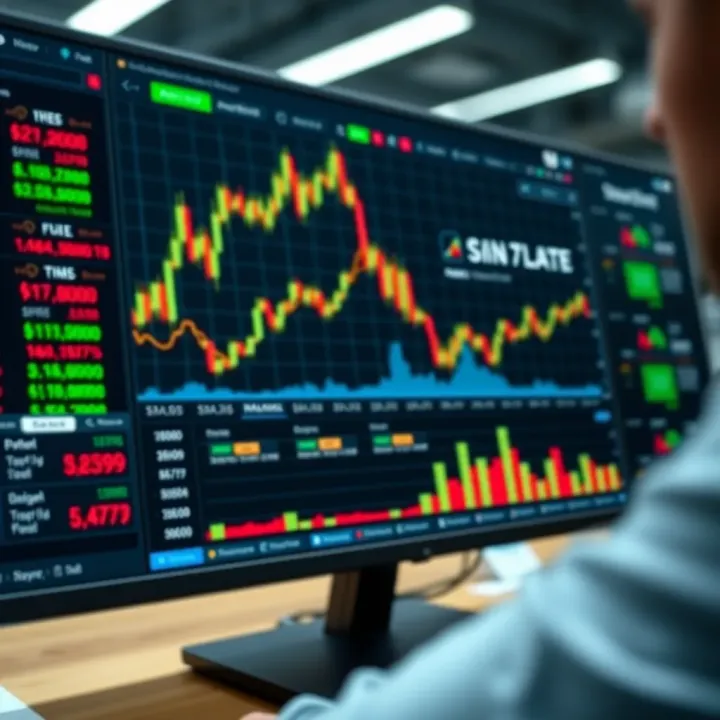 Illustration of a digital trading platform interface displaying portfolio statistics and market data