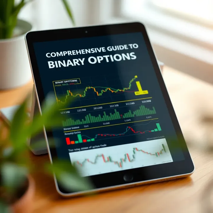 Illustration of a digital guidebook about binary options trading with charts and educational content on a tablet