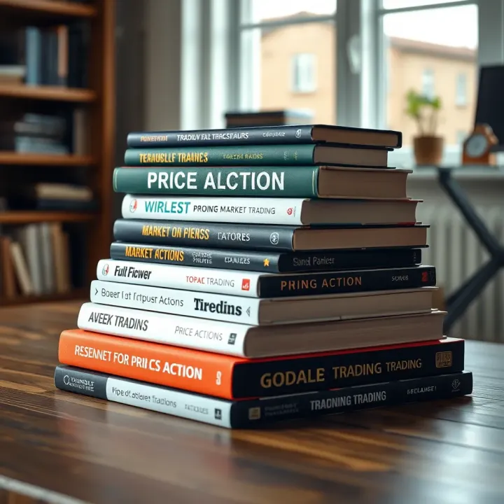 Stack of essential price action trading books on a wooden desk