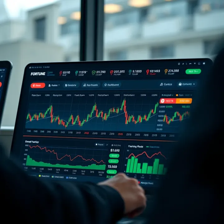 Interface of Fortune platform showing demo account trading dashboard with charts and virtual funds