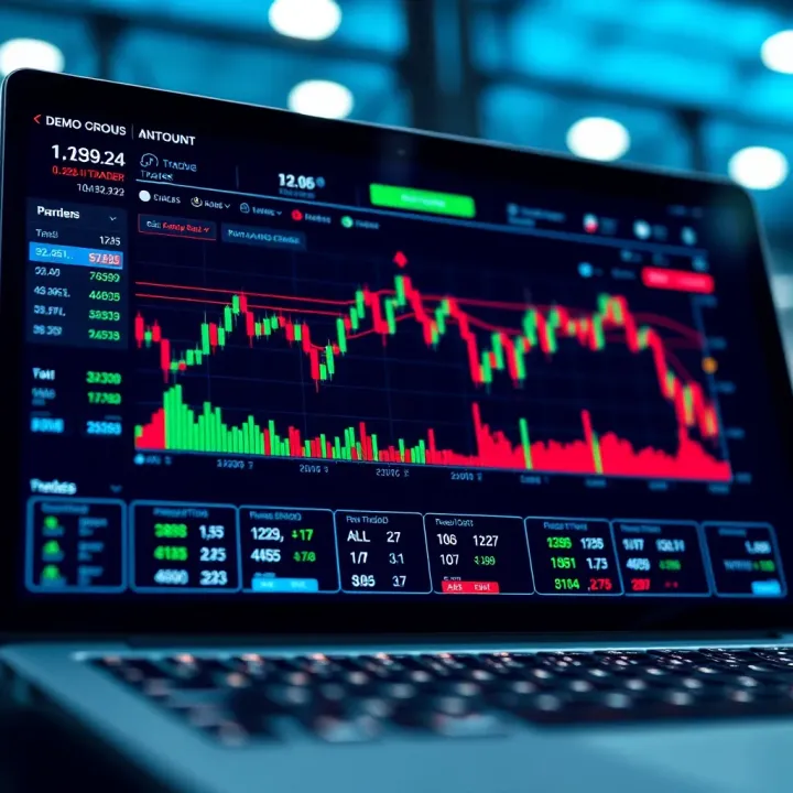 Digital trading platform interface displaying charts and demo account balance