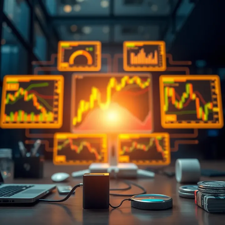 Conceptual graphic showing interconnected trading platforms with various financial charts and data streams
