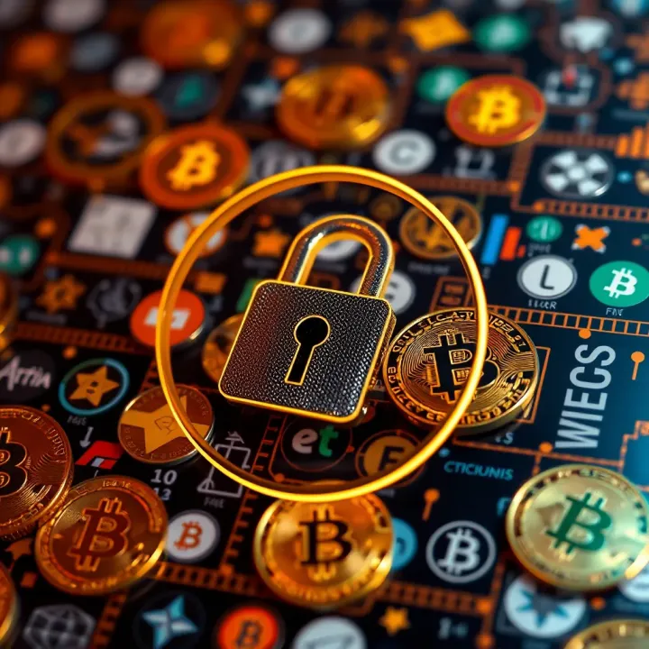 Secure digital lock symbol overlaid on a background of cryptocurrency icons representing platform security
