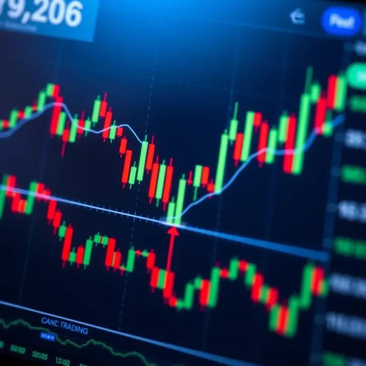 Graph showing candlestick patterns used in day trading with technical indicators