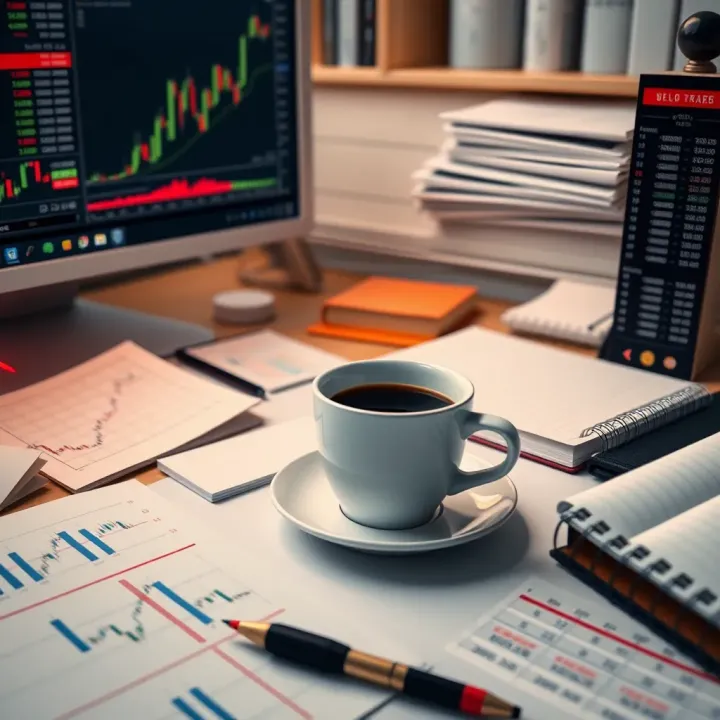 Trading desk setup showing charts, notebooks, and a cup of coffee for focused study