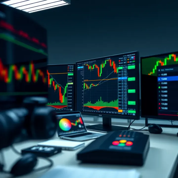 Trading workstation with multiple monitors displaying financial graphs and real-time market data