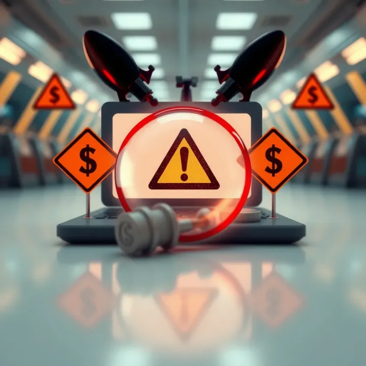 Conceptual illustration of deceptive promises in financial schemes with caution symbols