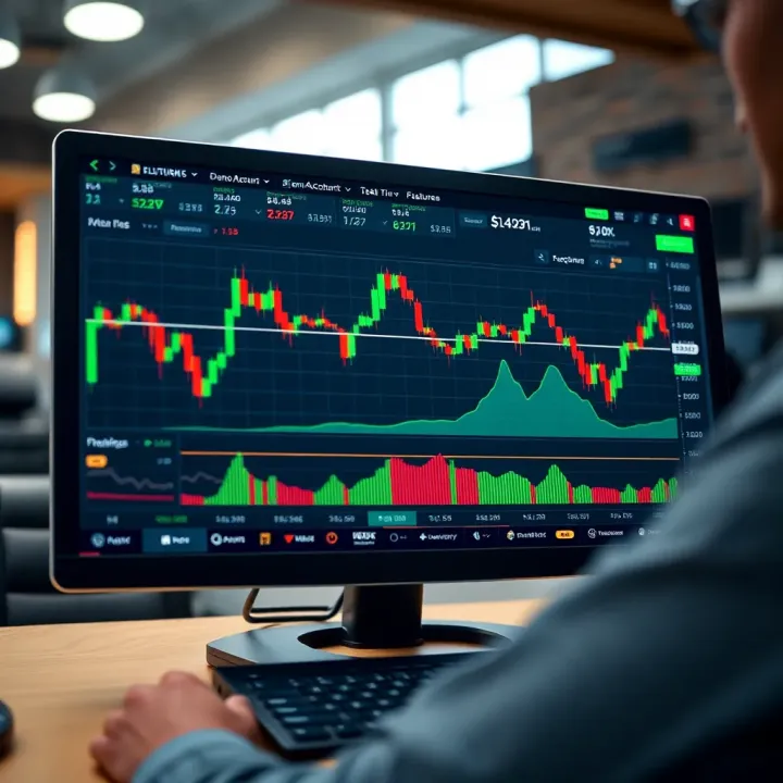 User interface of trading platform displaying virtual trades and market data